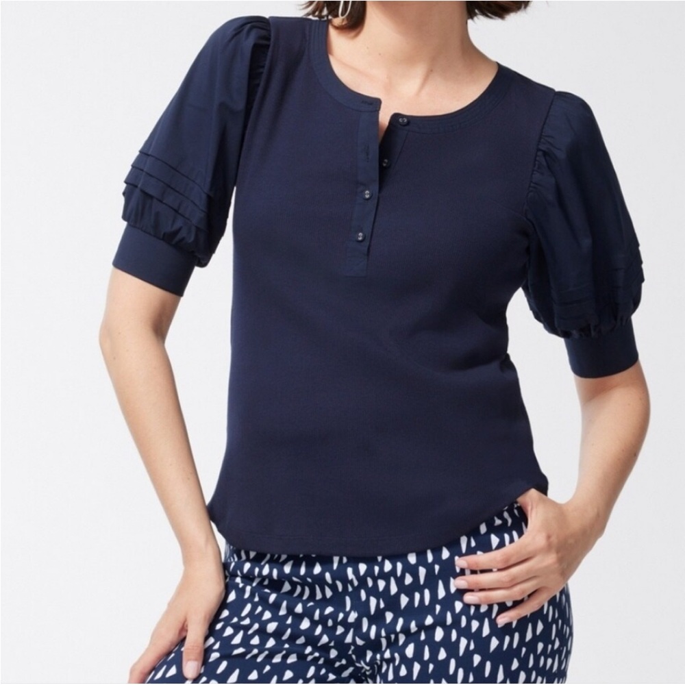 Chico’s Size 2/L Bright Blue Pintucked Short Puff Sleeve Henley Top